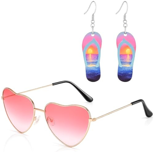 2 Stück Hawaii Outfit Damen Set, Sommer Ohrringe Damen, Herz Sonnenbrille und Ohrringe für Damen, Schmuck für Mädchen, Für Hawaii Kostüm, Tropical Luau Party, Strandparty, Sommerfestival und Karneval