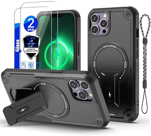 GuardCase for iPhone 13 Pro Max Case [Compatible with MagSafe][with 2 * 9H Tempered Glass Screen Protector], Built in Invisible Stand, Not fading，Shockproof Protective Phone Cover 6.7-inch(Black)