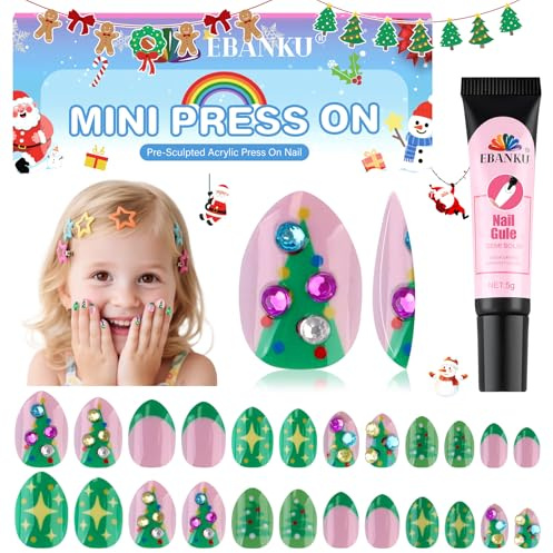 Ongles à presser de Noël pour enfant, EBANKU 24Pcs Kit de faux ongles amande couverture complète design mignon sapin de Noël vert ongles acryliques avec colle à ongles pour fille