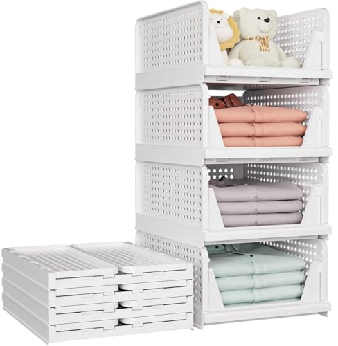 Thrink Clothes Storage Boxes, Stackable Foldable Storage Baskets, Closet Organizer, Bedroom, Bathroom Wardrobe and Shelf Organiser, Closet Storage Solution for Towel and Handbag Storage (4 Pack)