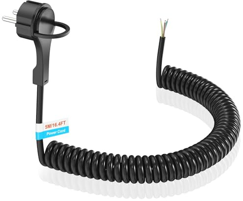 5M Schutzkontakt Verlängerungskabel mit Extraflach Schuko Stecker, Dehnbare Anschluss Spiralkabel Kunststoffleitung Verlängerungsleitung, Schuko-Stromkabel 230 V / 16 A, Schwarz