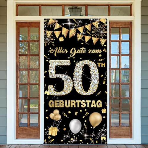 50. Geburtstag Banner, Schwarz Gold 50. Geburtstags Hintergrund | 50 Jahre Geburtstag Deko, Alles Gute zum 50 Geburtstagsbanner Deko, 50. Birthday Tür Banner Party Dekoration, 185×90cm