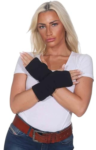 Armstulpen Damen Fleece – warme Goa Goth Stulpen mit Daumenloch und dekorativen Ziernähten – Fingerlose Handschuhe/Handwärmer – Hippie Boho Style (Schwarz)