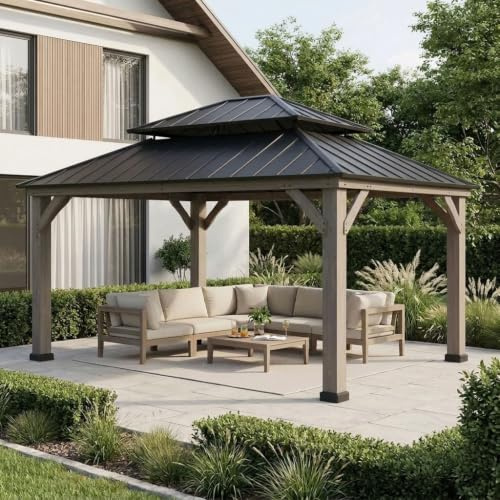 SUNJOY 3,9×4,5 m Gartenpavillon aus Zedernholz, Stahl-Doppeldach-Hardtop, 14 cm Pfosten, Wind- und schneelastbeständig, Outdoor-Pavillon Dauerhaft für Terrasse, Deck-Partys