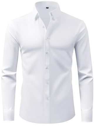 Okdance Mens White Long Sleeve Shirts 4-Way Stretch Wrinkle Free Long Sleeve Button Down Shirts Casual Business Office Shirt