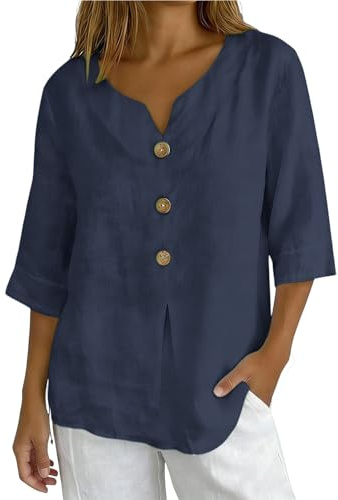 Maglietta Donna Lino Manica 3/4 Camicie Plissettato Scollo a V Leggera Comodo Blusa Elegante Mare Casuale Camicetta in Lino Tinta Unita Curvy Maglia Tees Traspirante Abbigliamento Magliette alla Moda