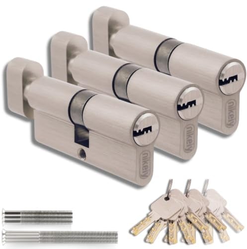 Lot de 3 Cylindres de Serrure en Laiton 45/45 mm avec Bouton, Vis et Clés incluses, Montage facile pour Portes et Garages, Clé unique, Longueur 90 mm