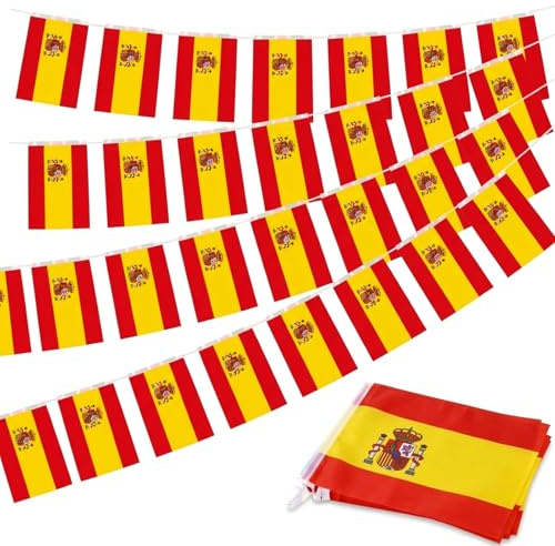 AURALIN Guirnalda banderas España 10 m 30 banderines de poliéster | Banderines de 21×14 cm para fútbol pantalla pública jardín bar calle fiestas nacionales y eventos deportivos exteriores