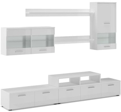 Skraut Home | Ensemble de Meubles Salon | unité Murale | Meuble Bas TV | Salle à Manger | Ensemble de séjour Contemporain avec ilumination LED | Blanc Mate et Blanc Laqué | 250x194x42 cm.