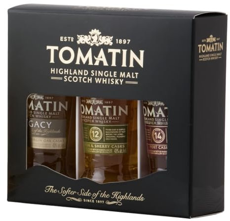 Tomatin Scotch Whisky Gift Set Highland Single Malt Scotch Whisky 43% alcohol/vol 3 x 50ml Mini Glass Bottles in Presentation Gift Box