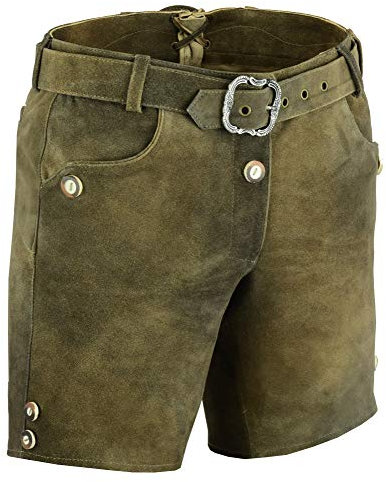 Bayerische Kurze Damen Lederhose mit Gürtel, Trachtenlederhose Frauen kurz, Damen Trachtenlederhose im Nubuk Echtleder Braun- mit Gürtel (40 EU, Braun)