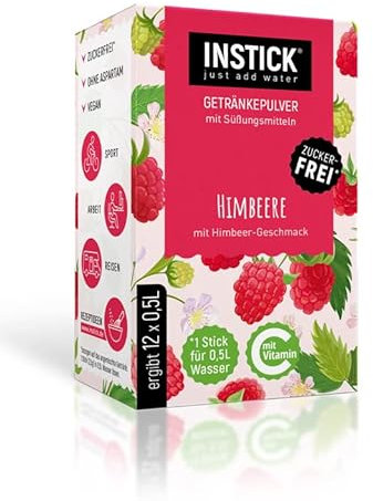 INSTICK Bevanda istantanea senza zucchero (Lampone) - 1 confezione per 12 x 0,5-1 L - Polvere per bevande vegane a basso contenuto calorico e vitamina C - Polvere istantanea