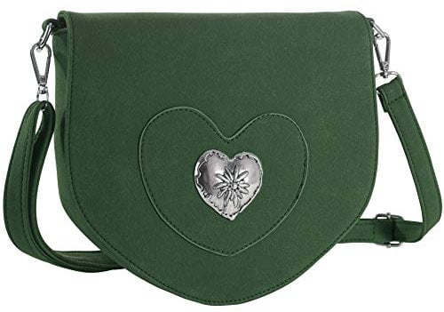 dressforfun 900650 Damen Trachten Handtasche mit Herz Motiv, Schicke Trachtenhandtasche in Wildlederoptik (Grün | Nr. 303262)