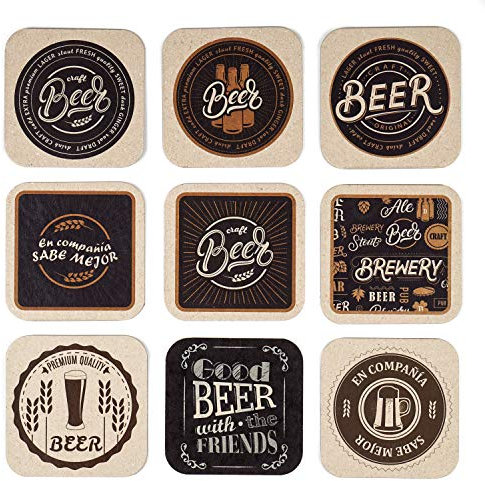 Posavasos Originales cartón Kraft 600 g/m², diseño Retro, Vintage, Profesionales para hostelería, Un Solo Uso Recomendado, Cerveza - 9 uds