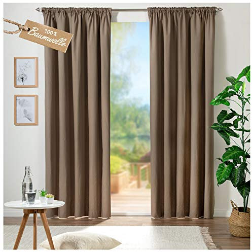 heimtexland ® Vorhang 100% Baumwolle Leinen Struktur Matt Blickdicht Lang HxB 280x140 cm Dekoschal mit Kräuselband und Tunnelzug Taupe Typ692