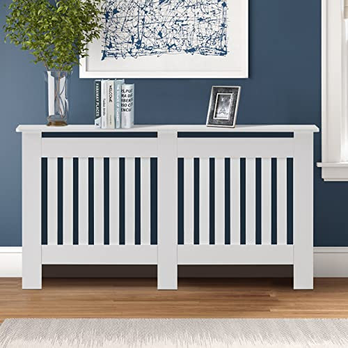 TUKAILAi Modern Radiator Cover Cabinet Wood Home Furniture Radiator Shelf Protection White Vertical Slat Storage Heater Cover Grill MDF Large for Living Bedroom Kitchen