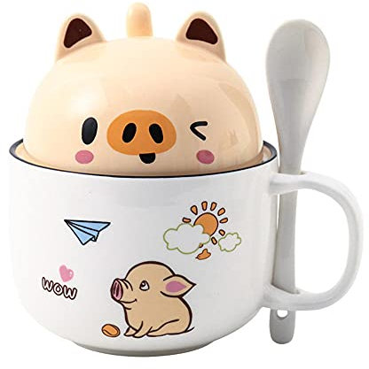 ZIYUEZIKUN Tasses à Café avec Couvercle et cuillère,Mignonne Animal Mug Café,Grande capacité Couple Tasse en céramique,Convient pour Le thé, Le café, Le Lait, Les jus de Fruits, etc-Winking Pig