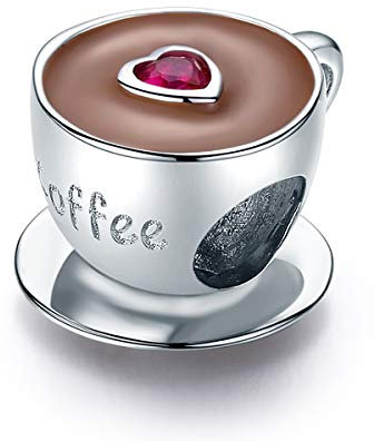 Ciondolo tazza di caffè in argento sterling 925 placcato platino Charms adatto per collana braccialetto europea per le donne con perline ciondolo cuore rosa carino adatto per il compleanno di Natale
