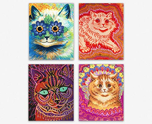 WallBUddy Louis Wain Psychedelische Katzendrucke, 4 Stück, Vintage-Wandkunst und Wanddekoration, Retro-Katzengemälde für Schlafzimmer, Wohnzimmer, Küche und Büro (30 x 40 cm)