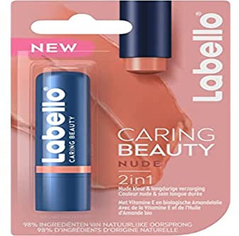 Labello Caring Beauty Nude (1 x 5,5 ml), Lippen-Stick mit Sheabutter und Mandelöl, Lippenbalsam, neutrale Farbe, für 24 Stunden Feuchtigkeit