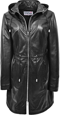 Womens Real Leather Hooded Parka Coat 3/4 Length Style Tyra Black 10