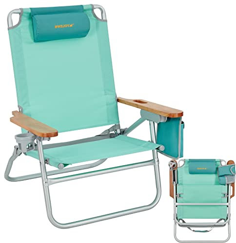 #WEJOY Niedriger Strandstuhl aus Aluminium, verstellbar, leicht, tragbar, niedriges Profil, Camping, Rasenstuhl, niedriger Sitz, Outdoor-Klappstühle mit Rucksack, Schultergurt, Holzarmlehne, Kissen