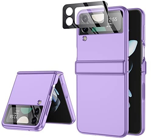 for Samsung Z Flip 4 Case: [Full Cover Hinge Protection] Slim Phone Case with Built-in Screen Protection Metal Volume Key Protection Wireless Charging for Galaxy Z Flip 4 5G(2022) (Purple)