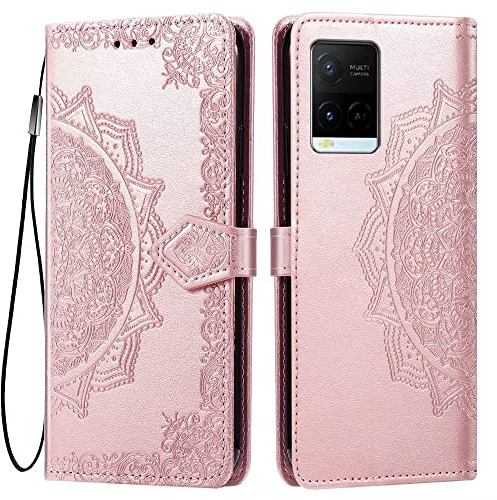 HONLEN Hülle für vivo Y21 4G / vivo Y21s / vivo Y33s 4G Handyhülle, (6.51 Inches) Premium PU Leder Wallet Magnetverschluss Flip Case mit 3 Kartenfach,Mandala Muster Case Roségold