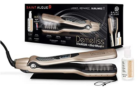 Demeliss Titanium Elixir Ritual Alisador a Vapor Profesional – Placas Flotantes de Titanio, Difusión de Vapor – Para Cabello Grueso, Rizado, Crespo – Con Elixir de Brillo 50ml Incluido