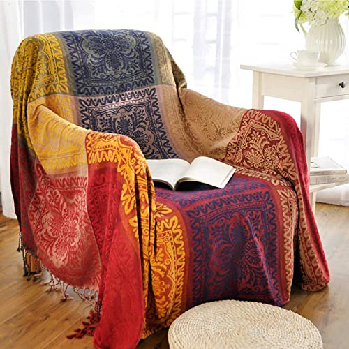 CaptainRay Böhmische Tribal-Überwurfdecke, wendbar, bunt, rot, blau, Boho-Hippie-Chenille-Jacquard-Stoff, Überwurf, große Couch, Möbel, Sofa, Stuhl, Loveseat, Liegestuhl, Übergröße (rot, S: 75x60 cm)
