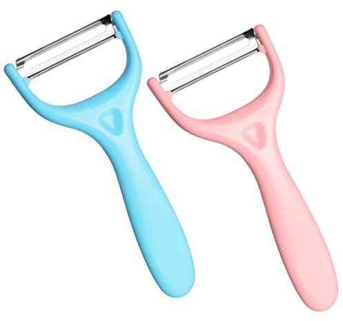 Vicloon Universalschäler Set,2 Stück Schäler für Obst Gemüse, Universalschäler Edelstahl mit Drehbare Klingen,Zweischneidige Schäler-Rosa + Blau