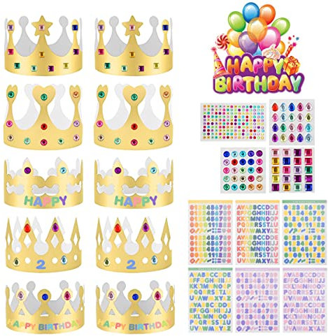 10 Stück Golden Paper Crowns, Krone Papier, Geburtstagshut mit Selbstklebende Strasssticker und Alphanumerische Aufkleber, Papier Krone Partyhüte, Königskronen-Partyhüte für Jungen, Mädchen, Party