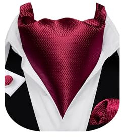 Barry.Wang Herren-Krawatten-Set mit Paisley-Muster, einfarbig, Seide, Ascot Krawatte und Einstecktuch, Manschettenknöpfe, Party, klassisch, Blumenmuster, Hochzeit, Business, weinrot, Einheitsgröße