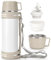 Thermosflasche 1,5L, Thermoskanne mit 2 Becher, Doppelwand aus Edelstahl Isolierflasche, Auslaufsicher Groß Thermoskanne Camping Oder Wandern mit Robuster Griff & Tragegurt, 18h heiß / 24h kalt Weiß