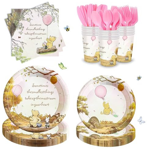 AURORAPARTY 168pcs Winnie Baby Shower Decorations Plates Napkins Cups Pink Vintage Bear Birthday Party Supplies Baby Girls Newborn Birthday Disposable Forks Paper Tableware Set for 24 Guests