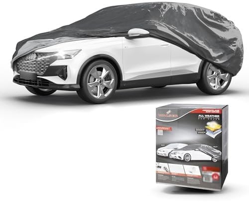 WALSER Abdeckplane Auto All Weather, Abdeckplane wasserdicht, 100% wetterfeste Auto Abdeckplane, Autoabdeckung Outdoor wasserdicht, Autoplane Vollgarage Größe 9 SUV/Van grau