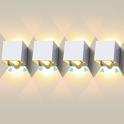 ledmo 4 Stücke 12W Aussenlampe mit Bewegungsmelder, IP65 Wasserdichte Außenwandleuchten, LED 3000K Warmweiß Wandleuchte Innen/Außen, Einstellbarer Lichtstrahl außenlampe mit bewegungsmelder, Weiß