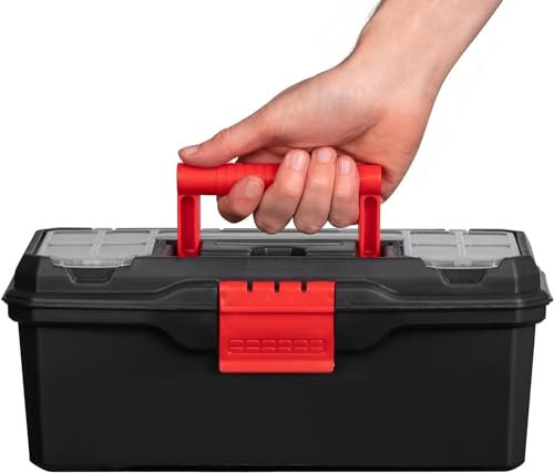 Unibos | 19-Inch Heavy Duty Toolbox With Handle, Secure Plastic Latches & Portable Tote Tray | DIY Storage Box For Tools & Small Parts | Clear Lid Organizers For Quick Access (Black & Red)
