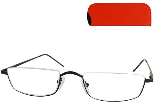 Metall Halbrand oben Lesebrille Halbbrille Rechteckig, Gratis Etui und Brillenputztuch, Edelstahl Rahmen (Schwarz) mit Federscharnier, Lesehilfe Damen und Herren +1.0 Dioptrien