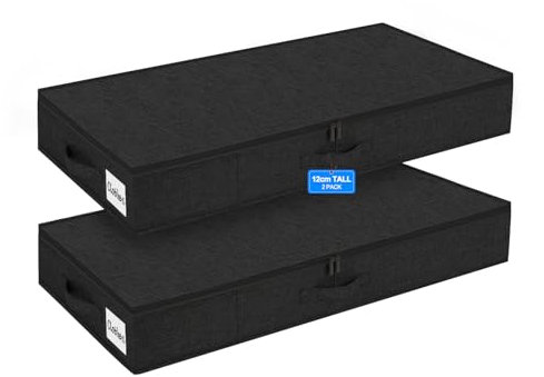 Huquter Shallow Under Bed Storage Box with Lid, 2 Pack 12 CM Tall Low Underbed Storage Boxes with Sturdy Side & Bottom Support, Foldable Fabric Shallow Underbed Storage Bag for Clothes Beddings Towels