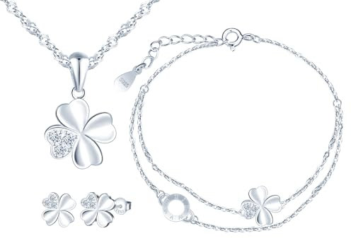 MICMIF 3 Stück Silber 925 Vierblättriges Kleeblatt Schmuck Set für Damen Mädchen: Kleeblatt Ohrstecker + Ketten Armband + Kette Anhänger Kleeblatt - Klee Halskette Armband und Ohrringe Set