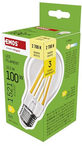 EMOS LED Lampe Edison A60, 10,5W Ersatz für 100W Glühbirne, Vintage-Glühlampe mit E27 Sockel und Helligkeit 1521 lm, Warmweiß 2700 K, 25000 Stunden Lebensdauer, CRI > 80, 360° Abstrahlwinkel