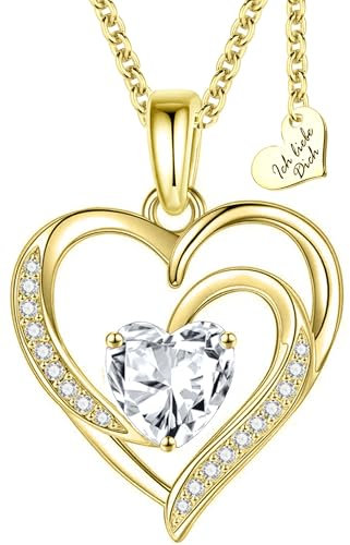 Herzkette Silber 925 / Gold vergoldet Halskette Damen Ich Liebe Dich Kette Silberkette Herzanhänger Herz Schmuck Geschenke Frauen Freundin Geburtstag Hochzeitstag Liebesgeschenk rot (Gold-Klar)