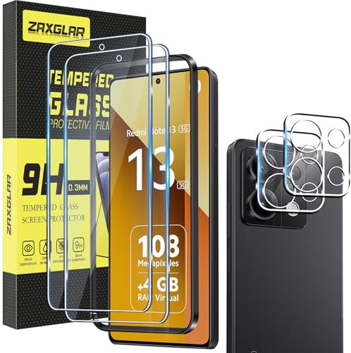 ZAXGLAR Protector Pantalla para Xiaomi Redmi Note 13 5G(Not 4G) Cristal templado,2 x Protectores de Pantalla + 2 x Protectores de Lente de Cámara,Sin burbujas y duradero