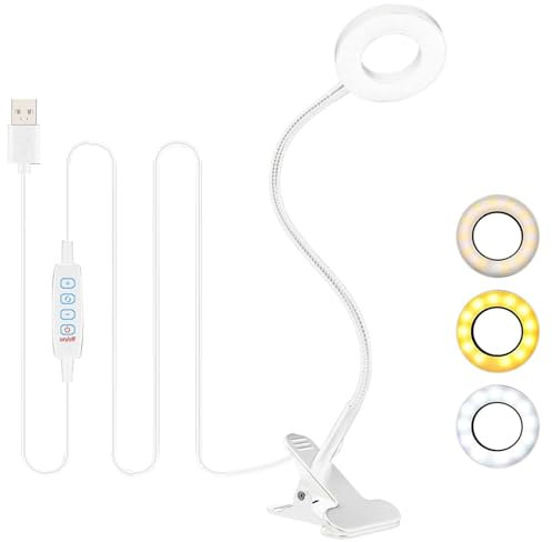 Desk Lamp Clip On Clamp Light & 3 Light Mode 10 Dimmable Brightness Eye Caring Book Adjustable for Reading Studying Working Video Conference Lighting - White