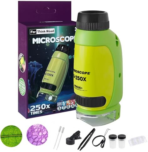50X-250X Mini Microscope de Poche, Microscope pour Enfants, pour Les Enfants et Les étudiants Adultes, avec Adaptateur téléphonique, Pince à épiler (Vert&Jaune)