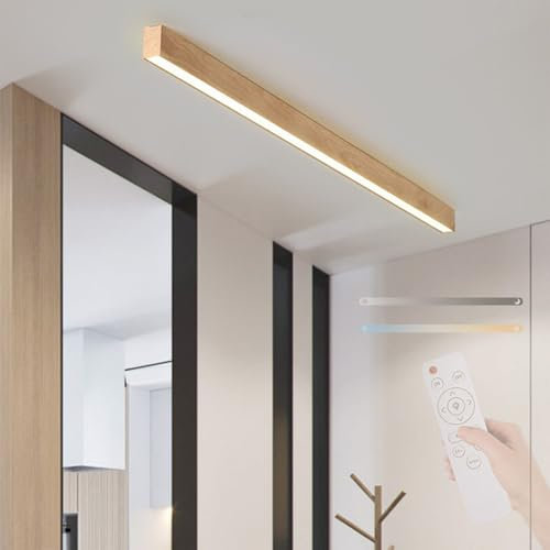 LED Holz Deckenleuchte mit Fernbedienung Langer Streifen Deckenlampe 2700K-6500K Dimmbar Deckenbeleuchtung Drei Farbwechseln Deckenleuchte Esszimmer Büro Küche Wohnzimmer (Helle Holzfarbe,60cm)