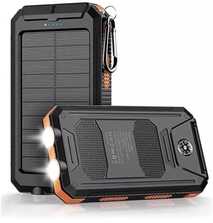 PCL Media ltd Solar Power Bank 20000mAh - Outdoor Solar Charger with Solar Panel, Portable External Battery with 2 USB Outputs & 2 LED Flashlights, Fast Charging for Smartphones Tablets