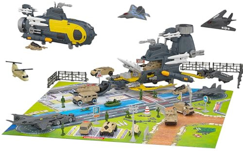 Maycoly Jouet Militaire Marine,Modèle de sous-Marin Militaire,Contient 18 Types de Transport avec Panneaux de Signalisation et Tapis de Jeu,Jouet Avion,Ensemble de Jouets Porte-Avions pour Enfants 3+