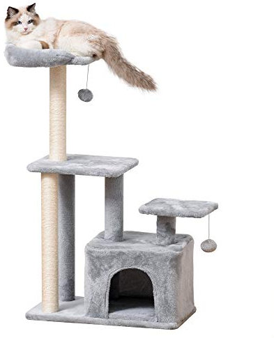 PawHut Árbol Rascador para Gatos Altura 114 cm Árbol para Gatos Torre para Gatos con Postes de Sisal 3 Plataformas Casita y 2 Bolas Colgantes Gris Claro